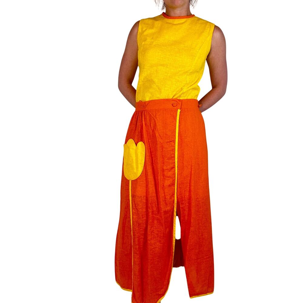 Vintage 1960s Mod Shift Dress Tear Away Skirt Set Yellow Orange Tulip Pockets